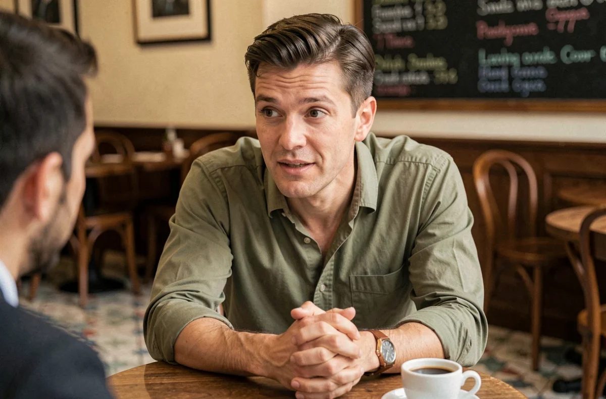 Homme en chemise olive attablé dans un café parisien, posture ouverte lors d'un entretien sur sa vie amoureuse, ambiance intime et authentique
