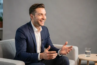 Homme en blazer marine lors d'une interview de presse, sourire naturel et geste expressif, style éditorial contemporain