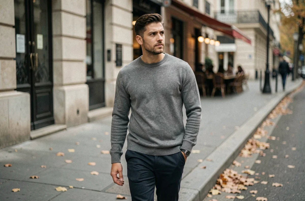 Homme pensif marchant dans une rue parisienne en automne, style candid éditorial, ambiance réflexive et intime