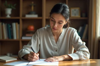 Mère de famille rédigeant une lettre d'absence scolaire pour motif religieux à la table de cuisine