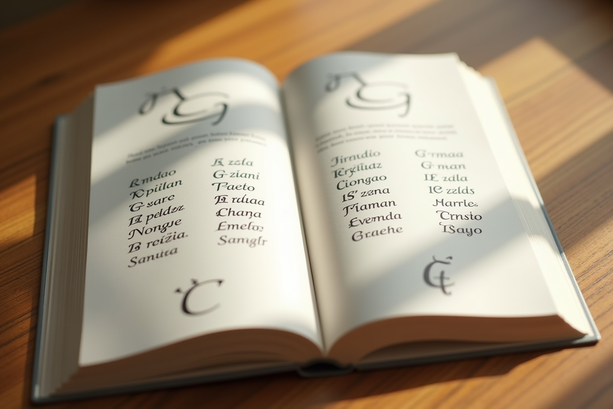 Livre de noms de bebe G ecrit a la main sur une table en bois