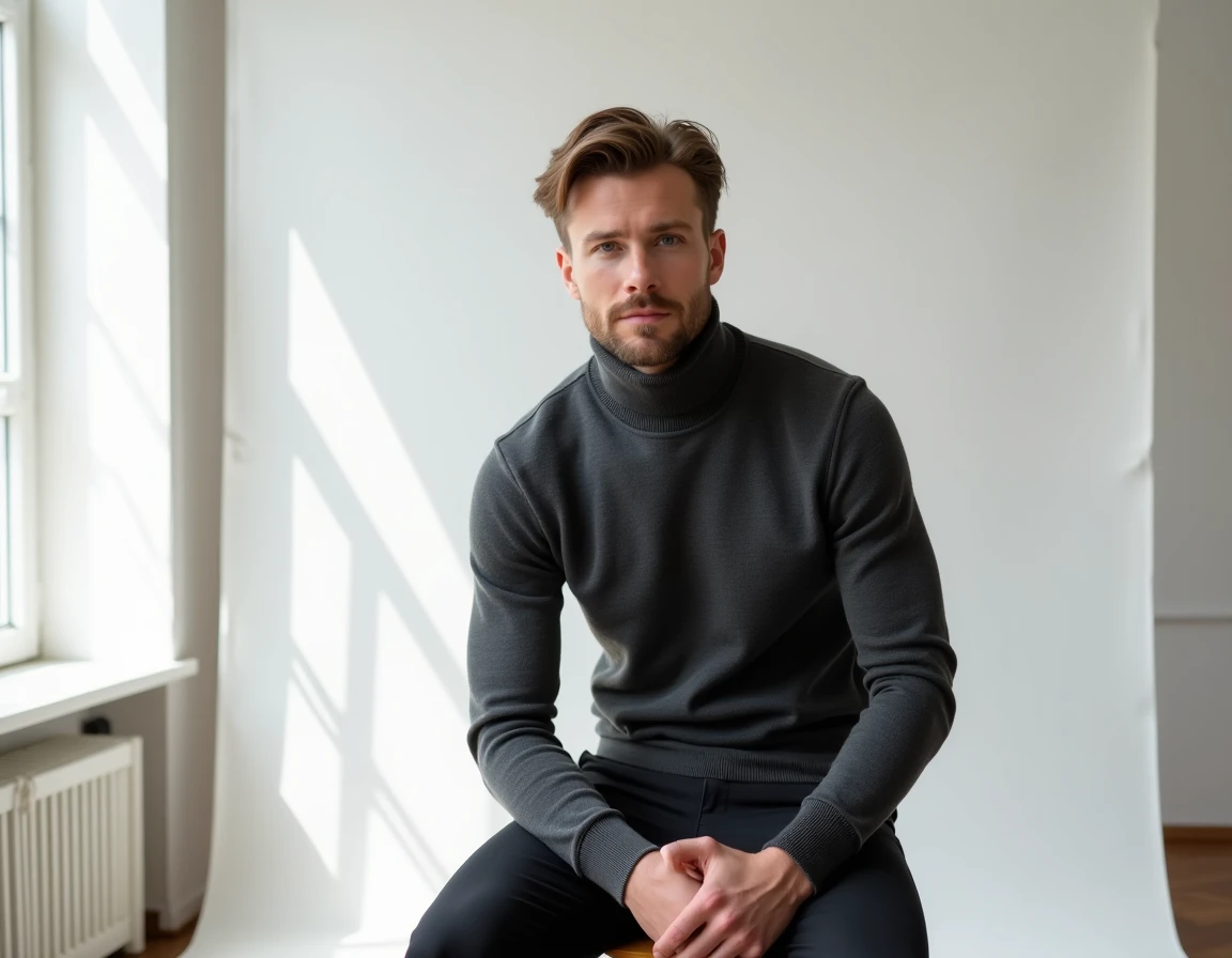 Portrait individuel d'un jeune homme dans un studio minimaliste à Lille lors d'une séance photo portrait et famille