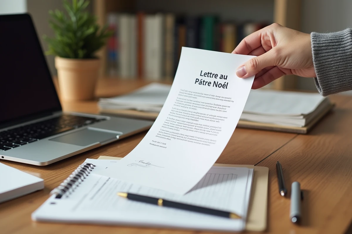 Main adulte posant une lettre de Noël sur un bureau organisé