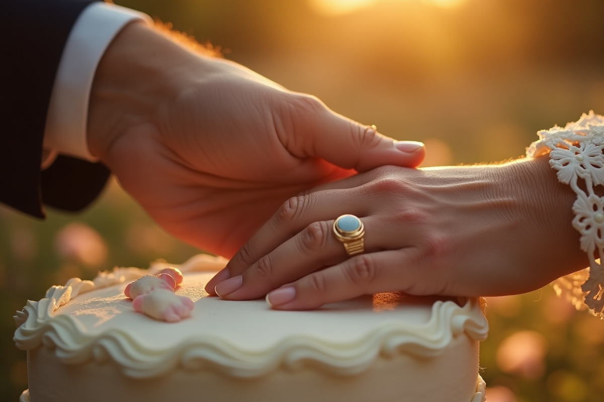 Mains entrelacees avec bagues sur un gateau d anniversaire