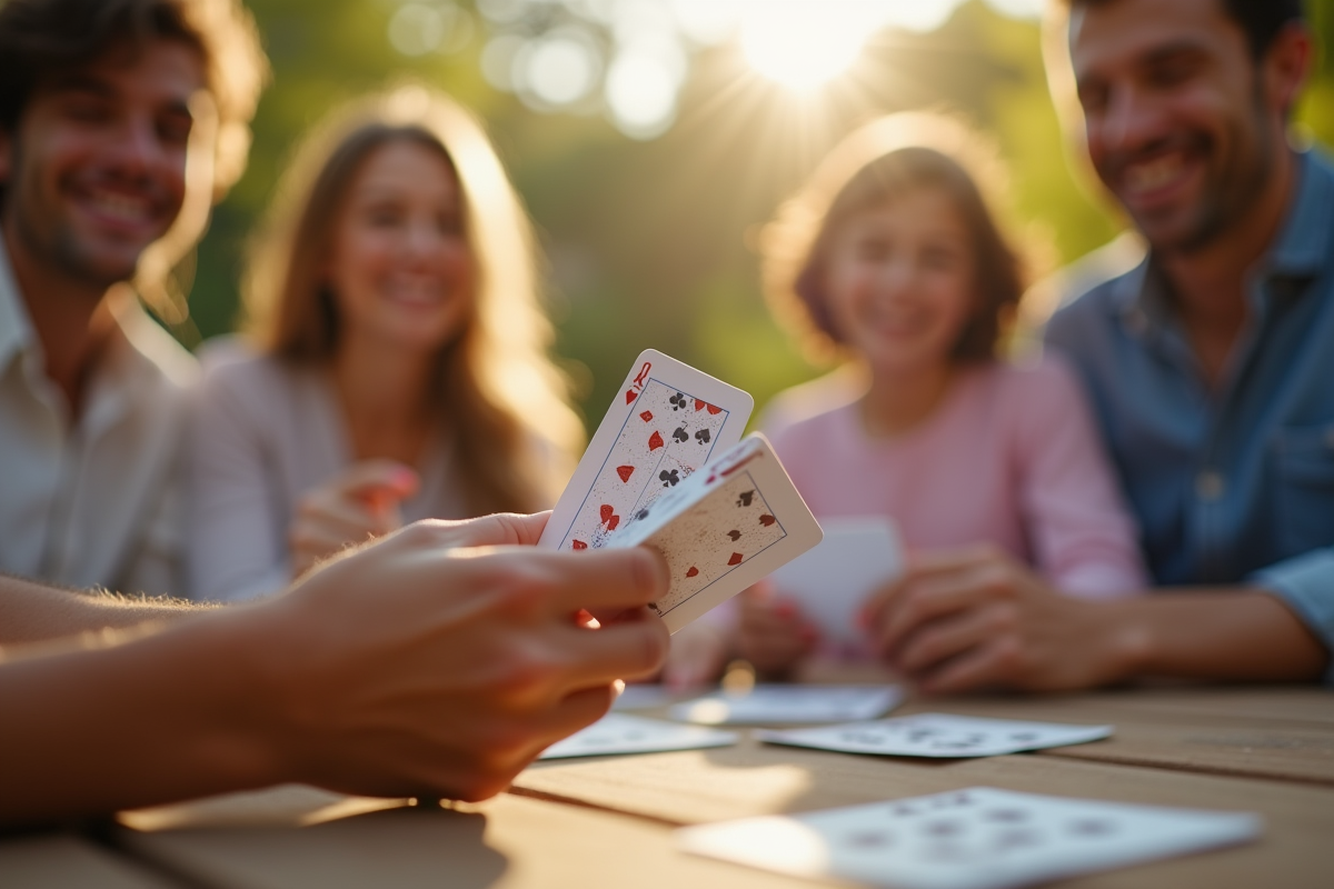 Mains tenant des cartes avec famille souriante en arrière-plan