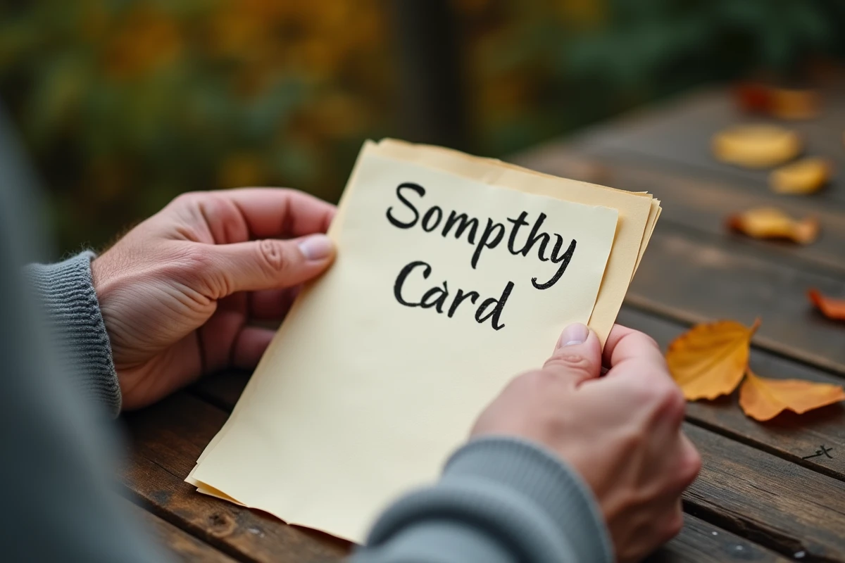 Mains de personne âgée tenant une carte de condoléances manuscrite avec un poème, ambiance automne et recueillement