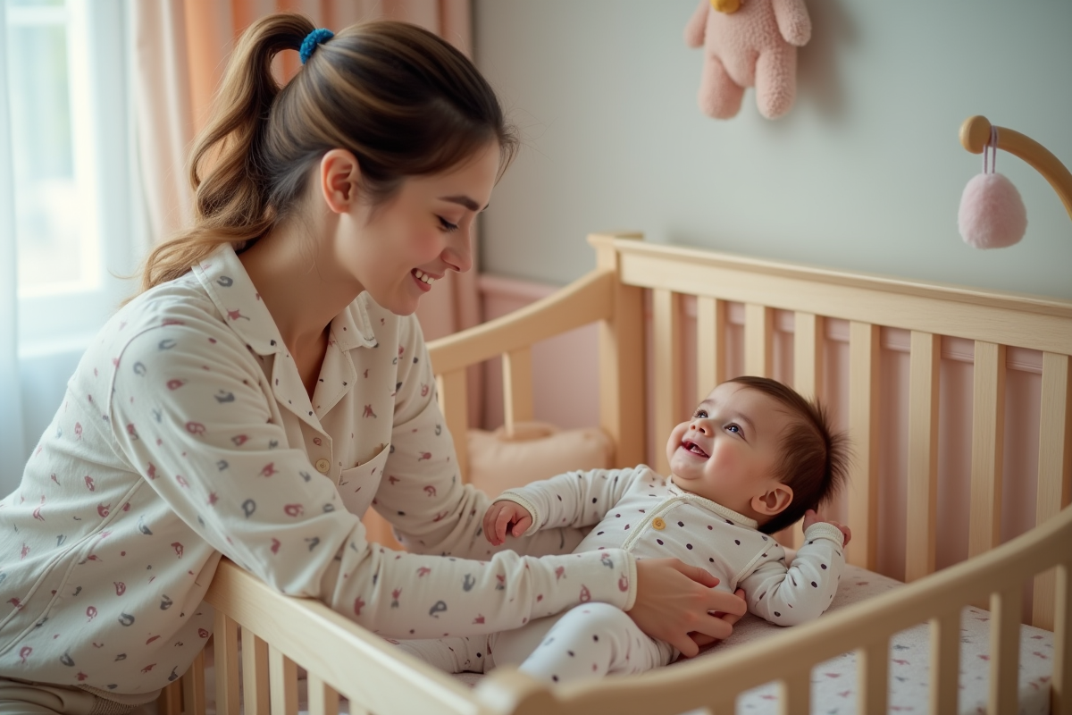 Jeune maman et bébé dans un berceau en bois dans une chambre paisible
