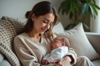 Maman sereine avec son bébé dans un salon cosy