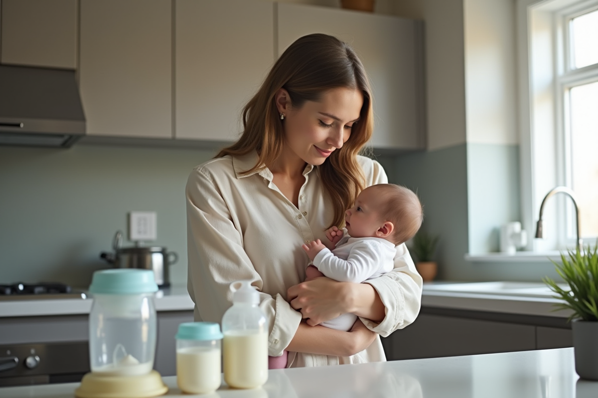 Jeune maman préparant un biberon dans la cuisine moderne
