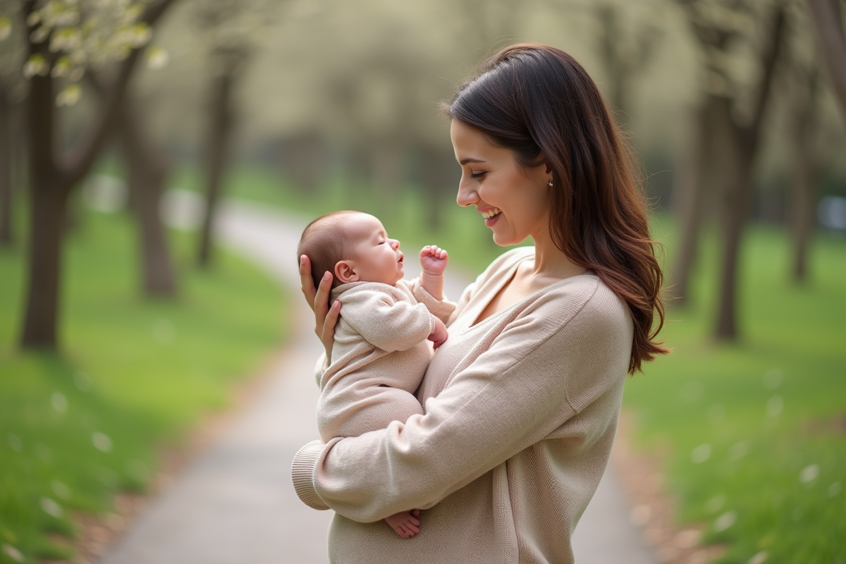 Jeune maman avec son bébé dans un parc en plein air