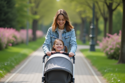 Jeune maman souriante avec bébé dans un parc urbain