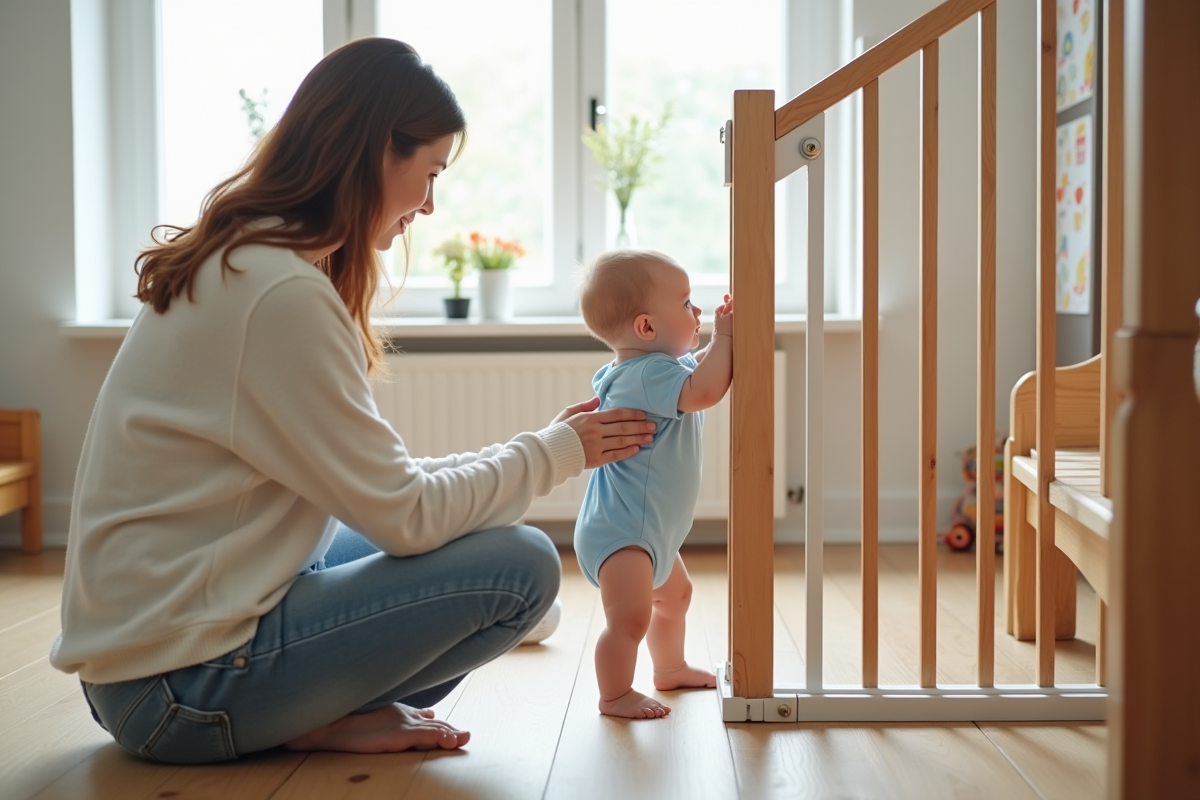 Maman et bébé près de la barrière de sécurité à l'escalier