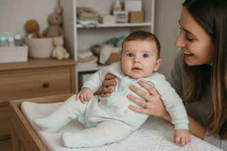 Maman souriante tenant son bébé dans une nurserie chaleureuse