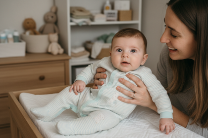 Maman souriante tenant son bébé dans une nurserie chaleureuse