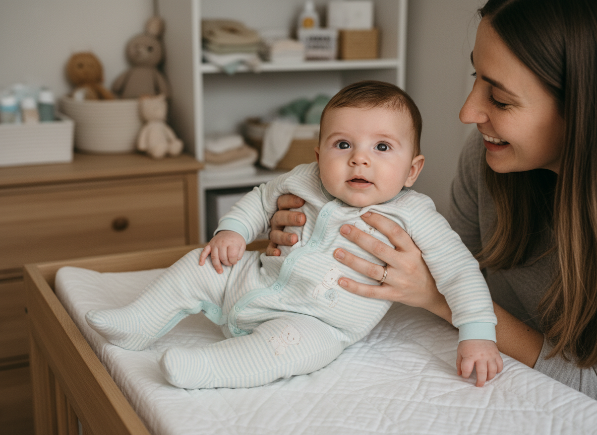 Maman souriante tenant son bébé dans une nurserie chaleureuse