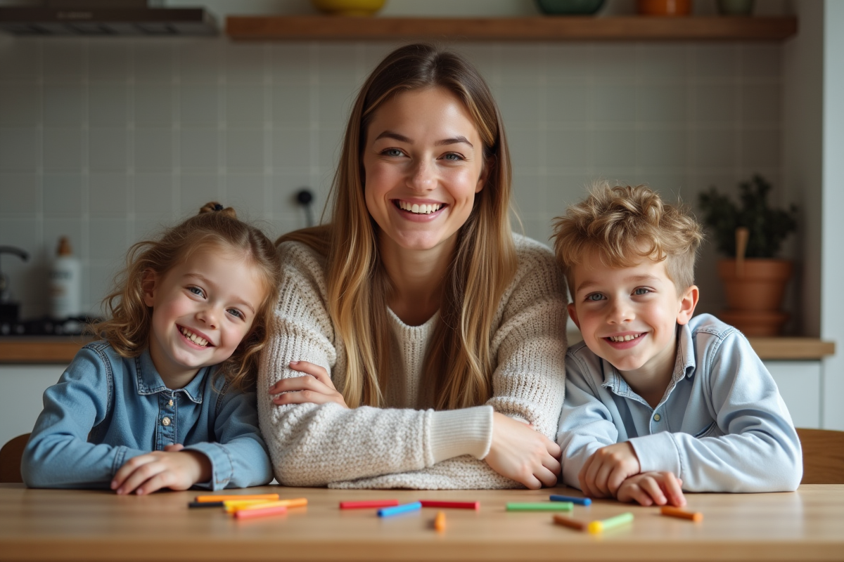 Maman avec ses enfants dans une cuisine moderne