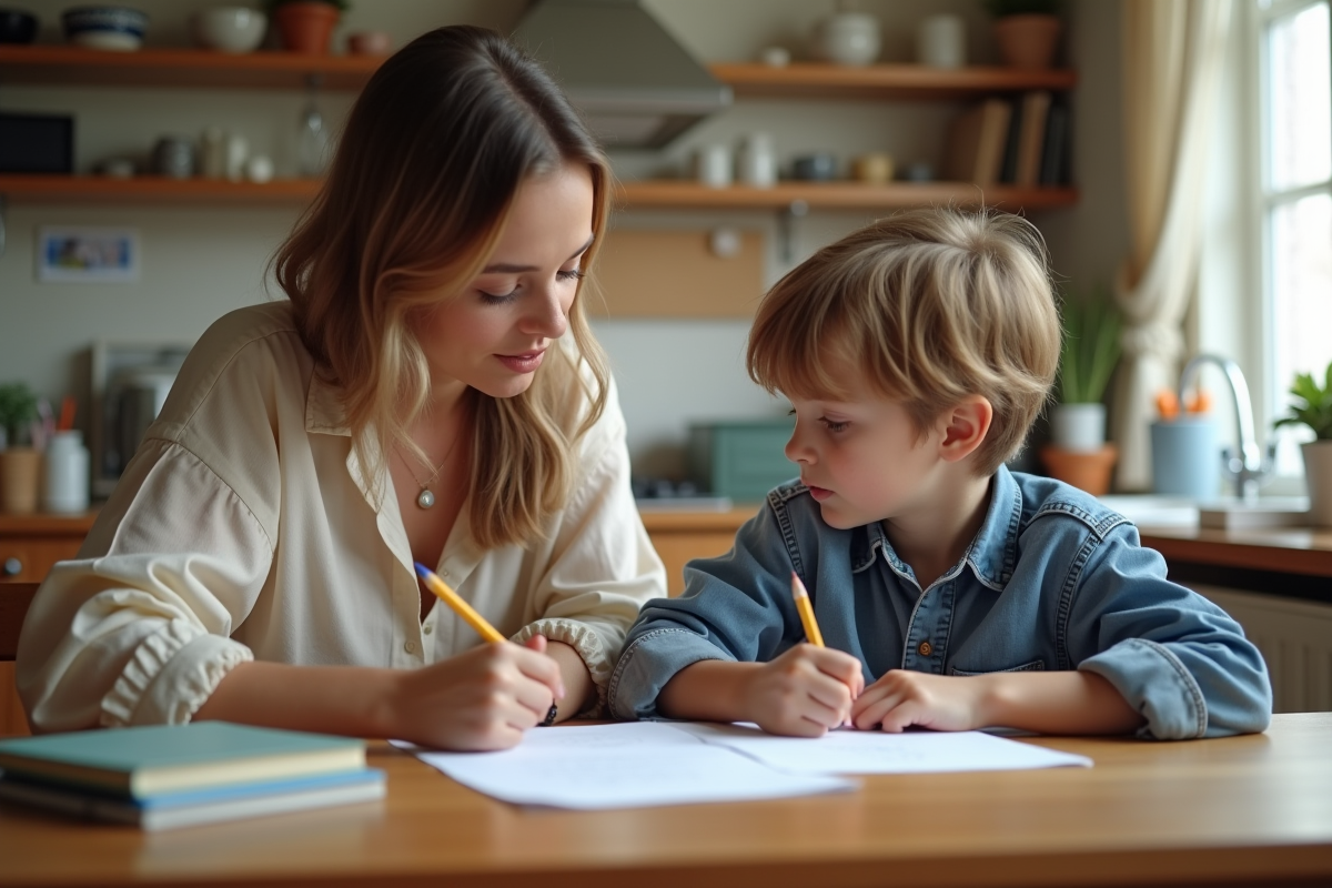 Maman aidant son enfant pour ses devoirs à la maison