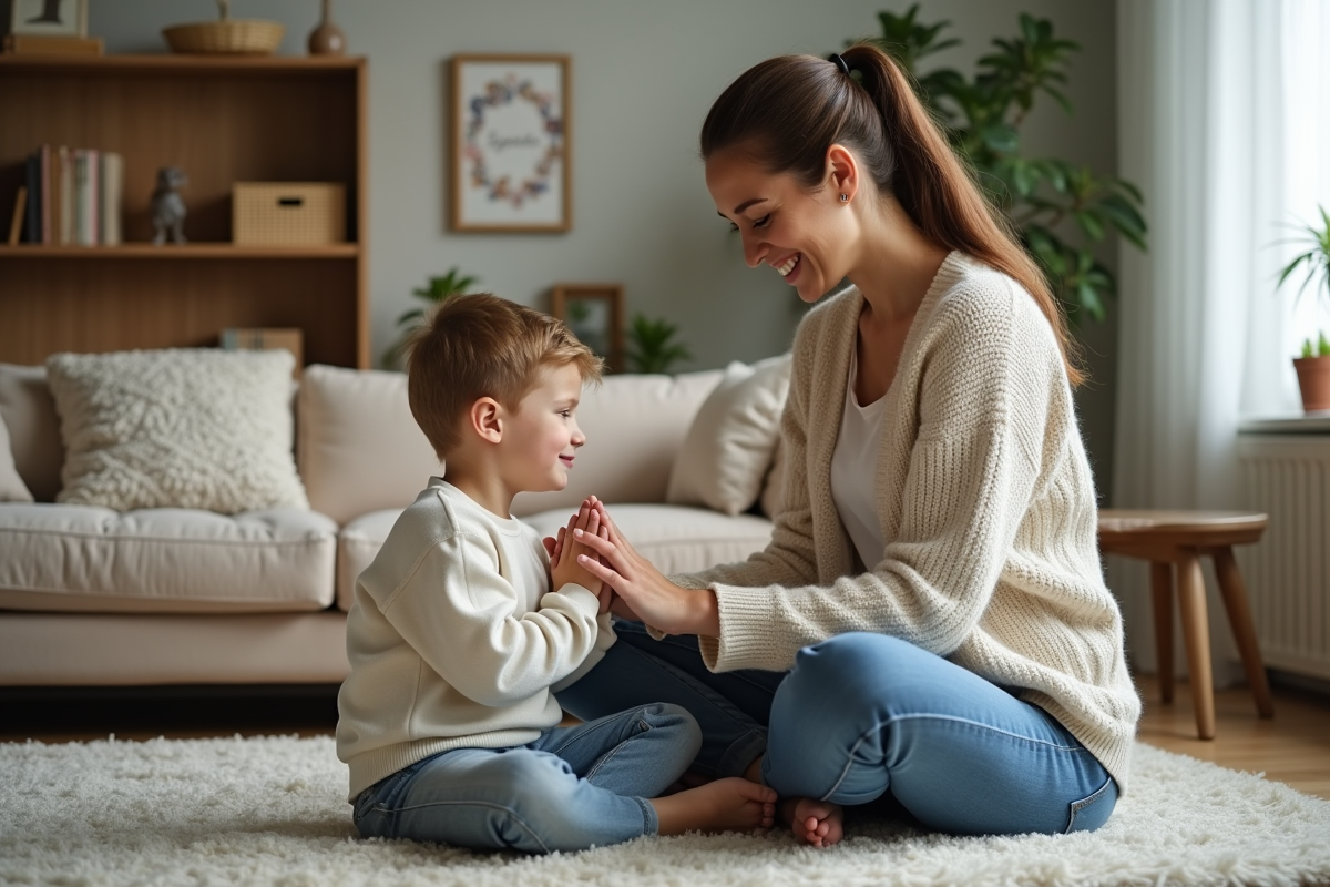 Femme aidant son enfant à faire des exercices de respiration