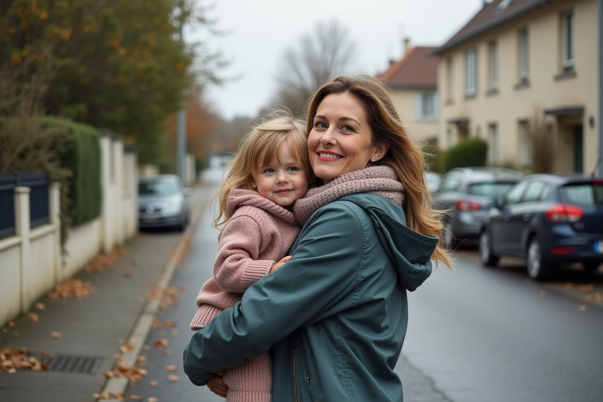 Mère et fille marchant dans une rue résidentielle française