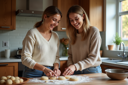 Maman et fille rient en cuisinant des cookies dans la cuisine