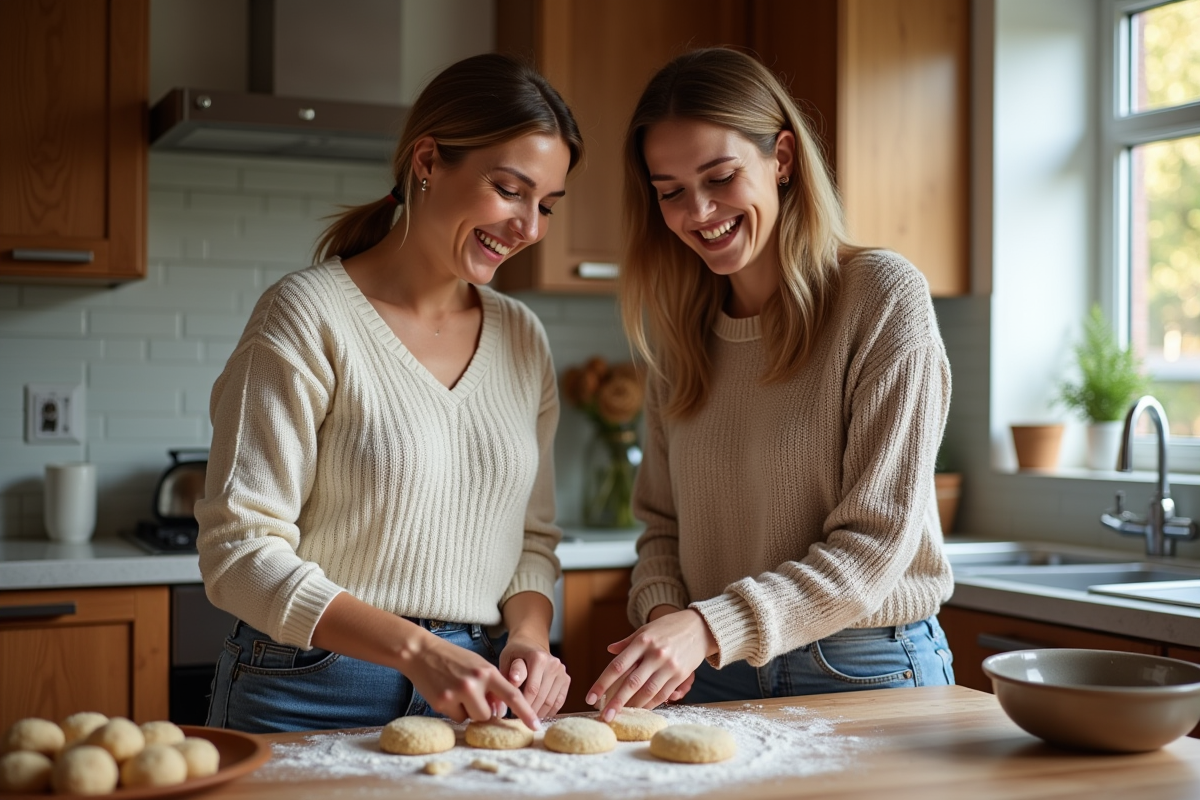 Maman et fille rient en cuisinant des cookies dans la cuisine