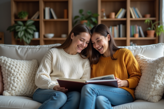 Mère et fille rient ensemble sur le canapé