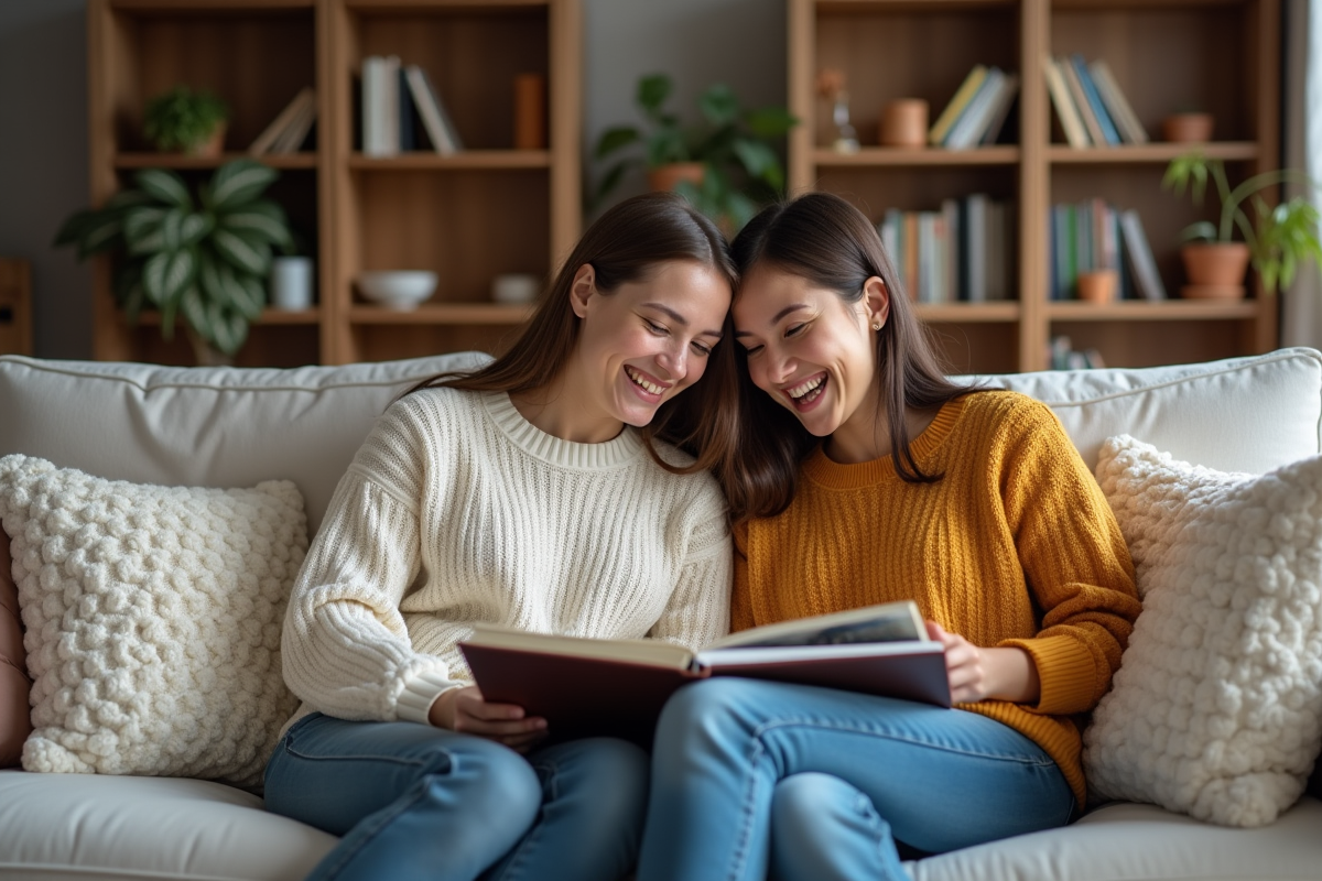 Mère et fille rient ensemble sur le canapé