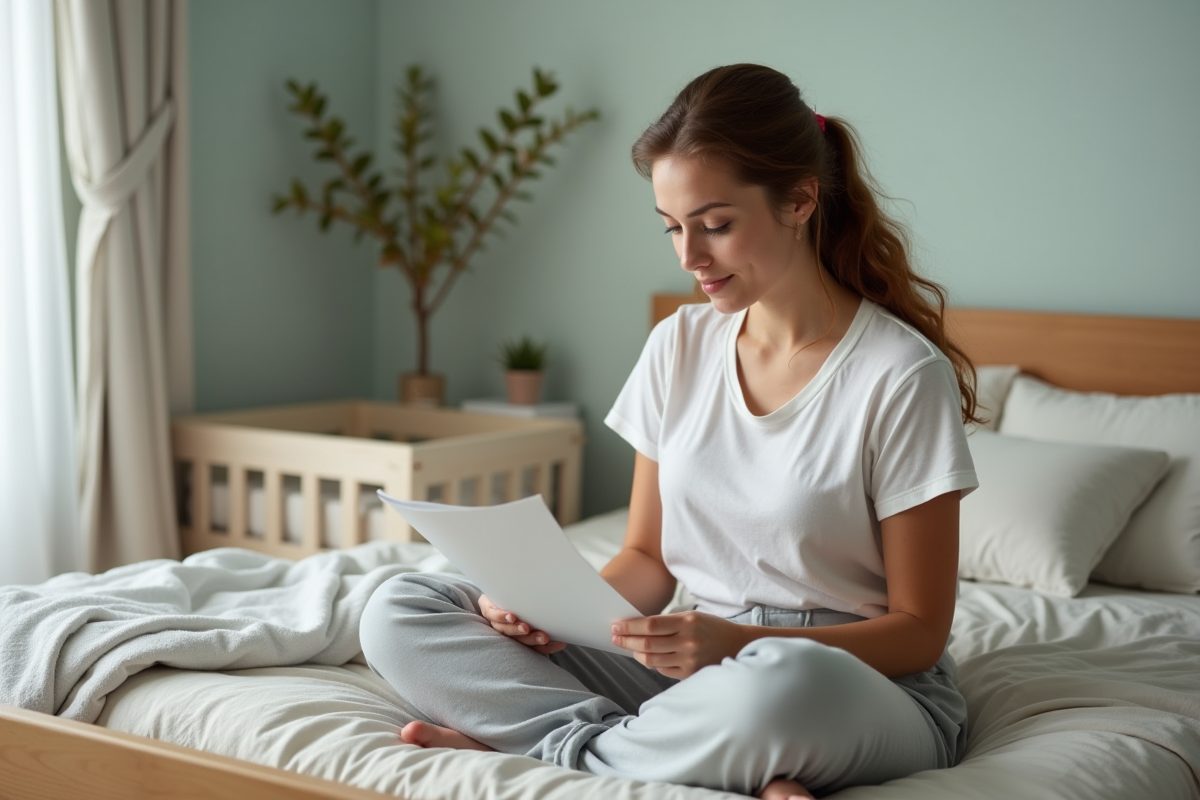 Jeune maman lisant une brochure dans sa chambre calme