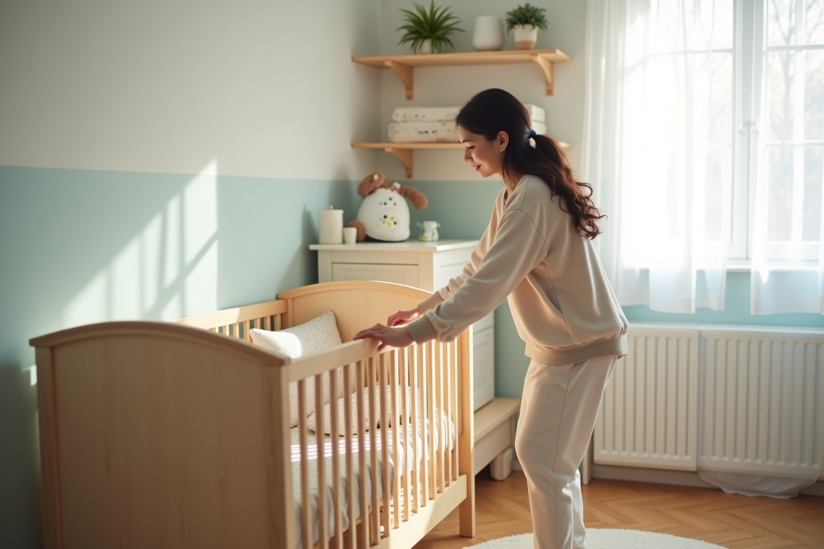 Jeune maman arrangeant un lit bébé dans une nurserie lumineuse