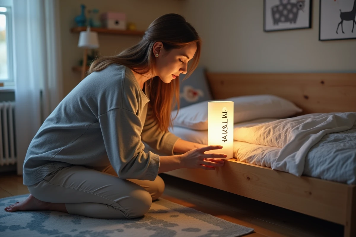 Maman installant une veilleuse personnalisée avec deux prénoms sur la table de nuit d'une chambre partagée par des frères et sœurs