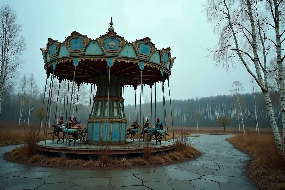 Manège abandonné et envahi par la végétation dans un parc d'attractions fermé en France