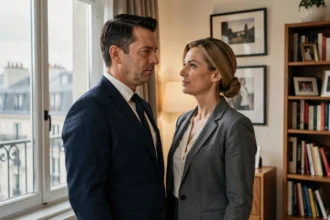 Couple élégant dans un appartement parisien moderne, illustrant la vie privée et discrète du mari d'Elsa Vidal