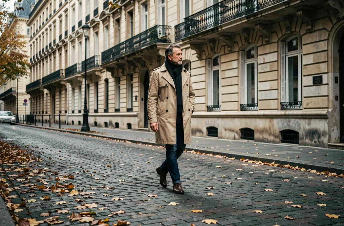 Homme anonyme marchant sur un boulevard parisien pavé en automne, représentant la discrétion du mari d'Elsa Vidal