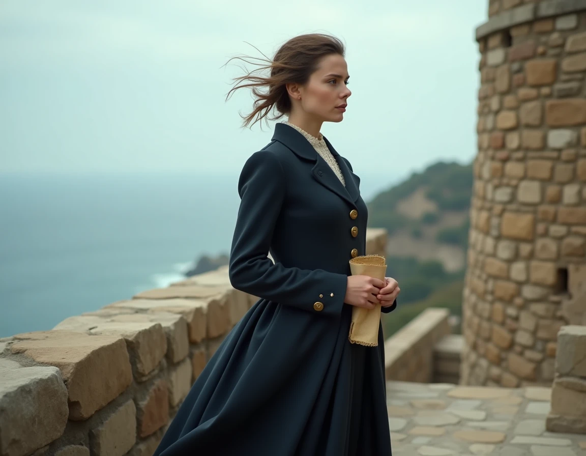 Jeune femme en tenue historique du XIXe siècle sur les remparts d'une forteresse côtière méditerranéenne, carte à la main, regard déterminé vers l'horizon, évoquant le courage de Marie-Sophie de Bavière à Gaète