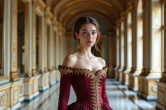 Portrait d'une jeune aristocrate du XIXe siècle en robe royale bordeaux brodée d'or dans un couloir de palais baroque aux miroirs dorés, regard déterminé et posture souveraine