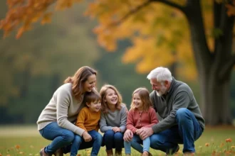 Photographe de famille capturant un portrait multigénérationnel dans un parc du Nord de la France en automne