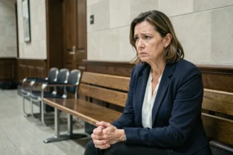 Mère anxieuse assise seule dans le couloir d'un palais de justice avant une audience familiale