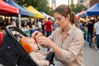 Mère posant un casque anti-bruit orange sur son bébé en poussette lors d'un événement extérieur bruyant