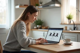 Jeune mère comparant des triple poussettes en ligne sur son ordinateur portable dans une cuisine moderne