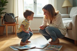Maman expliquant à son enfant en bas âge l'absence à l'école maternelle pour un voyage, dans un salon chaleureux avec des livres de voyage