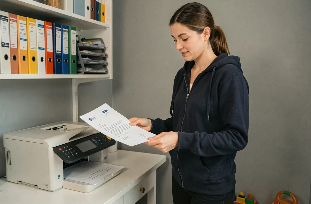 Mère imprimant sa lettre de congé parental total à domicile dans un espace bureau organisé avec jouet d'enfant au sol