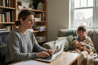 Mère en télétravail à domicile gérant un appel vidéo professionnel pendant que son enfant malade reste sur le canapé
