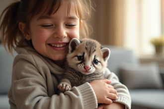 Mink câliné par un enfant souriant dans une lumière naturelle