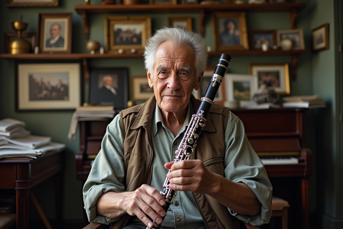 Musicien âgé tenant une clarinette dans une salle de musique ancienne