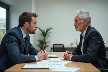 Couple français en négociation d'affaires dans un bureau