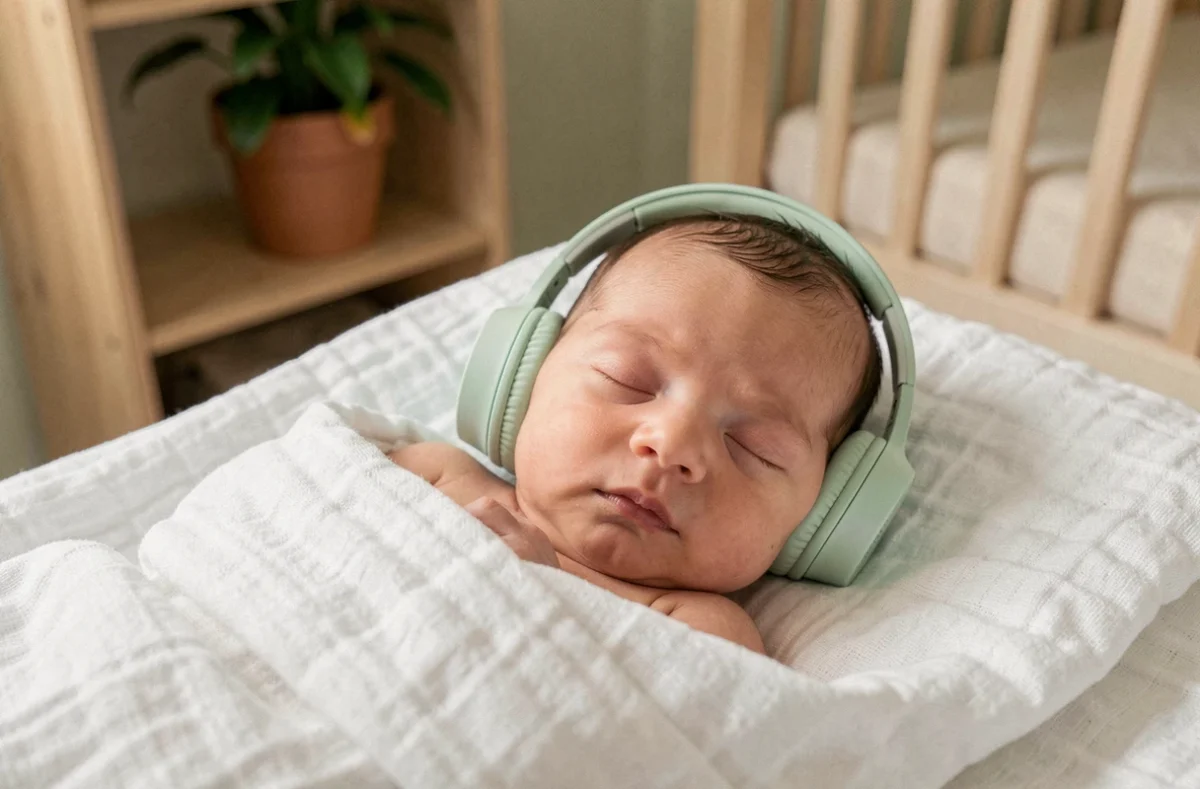 Nouveau-né portant un casque anti-bruit vert pastel allongé sur une couverture en mousseline dans une chambre de bébé