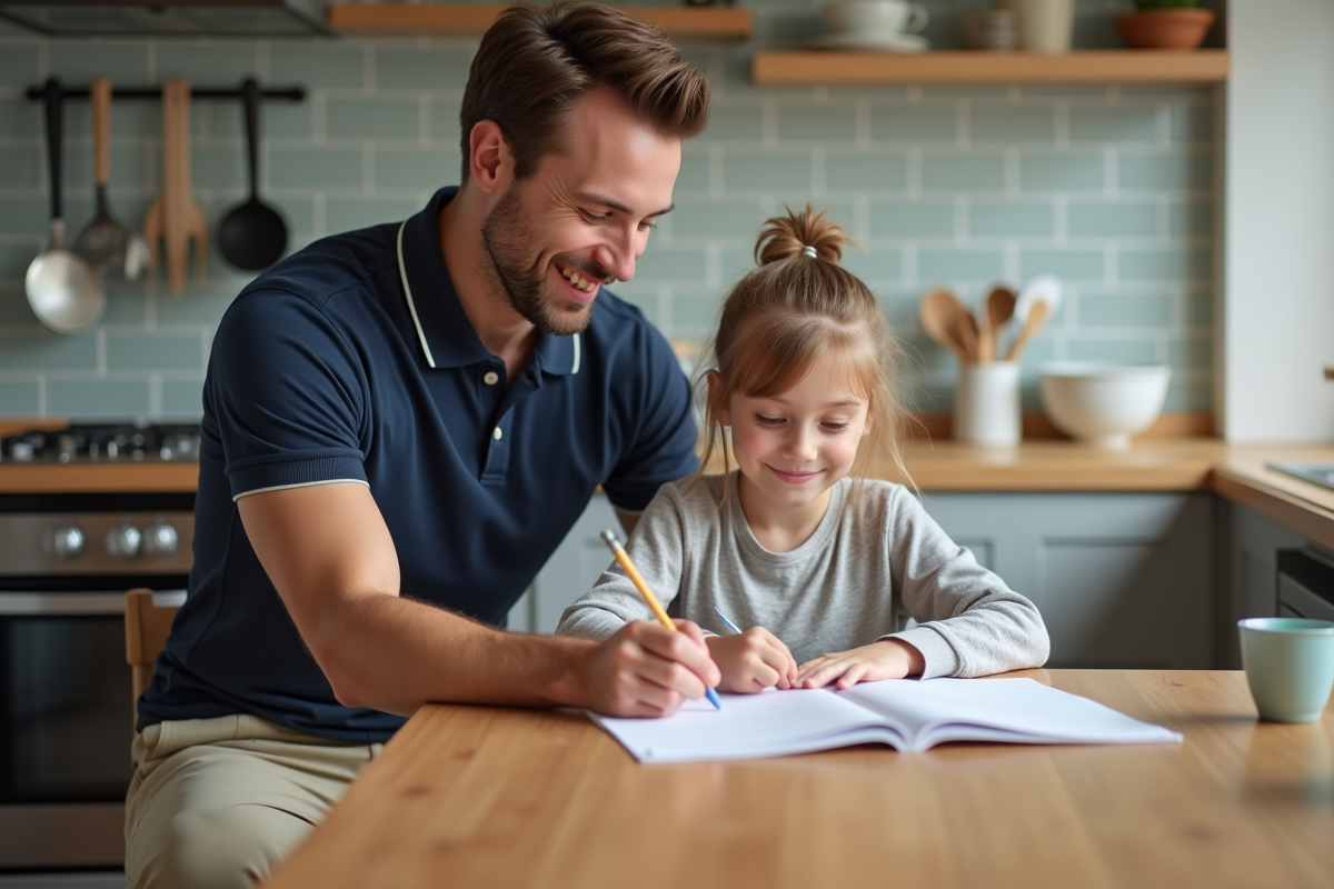 Père aidant sa fille à faire ses devoirs dans la cuisine
