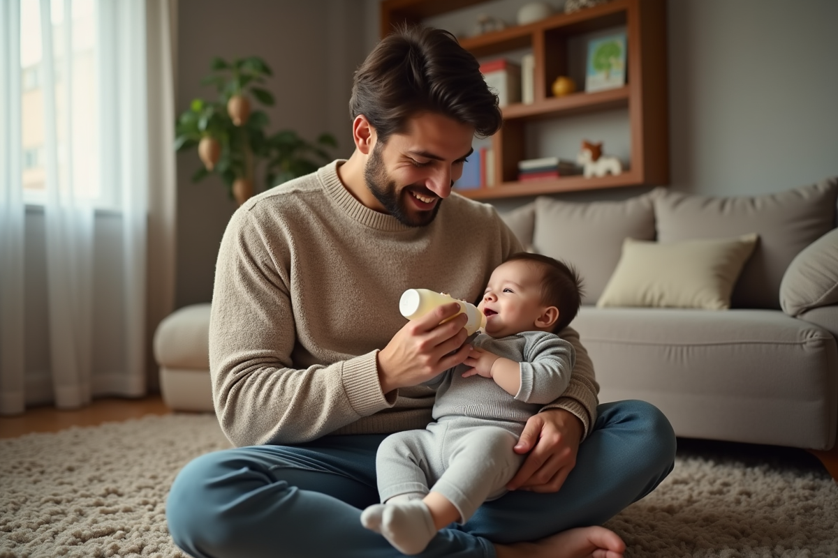 Papa donnant le biberon à son bébé dans le salon chaleureux