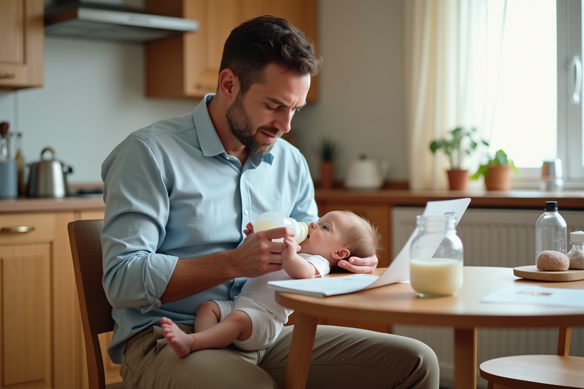 Père donnant le biberon à sa fille dans la cuisine