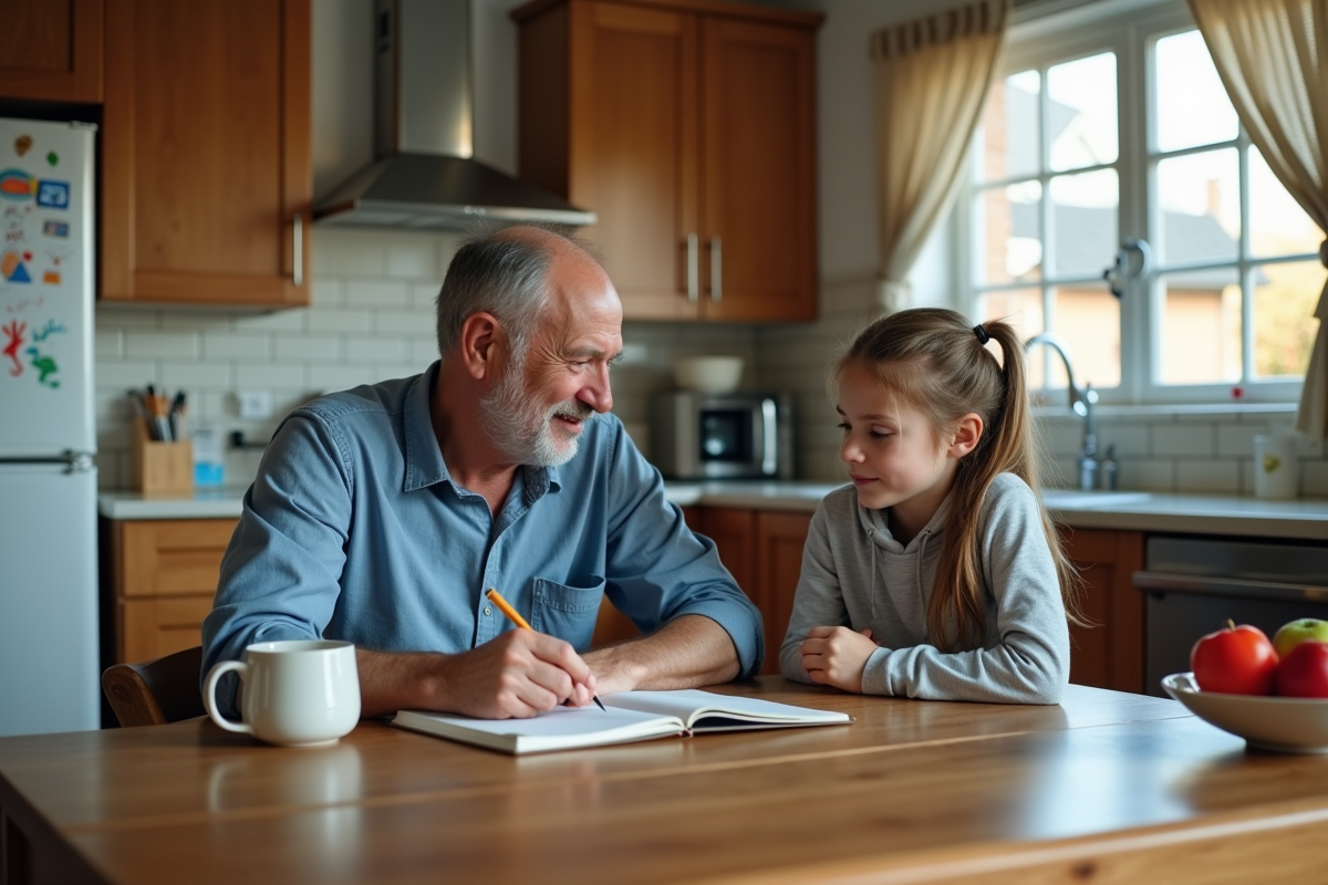 Père et fille en discussion dans la cuisine familiale